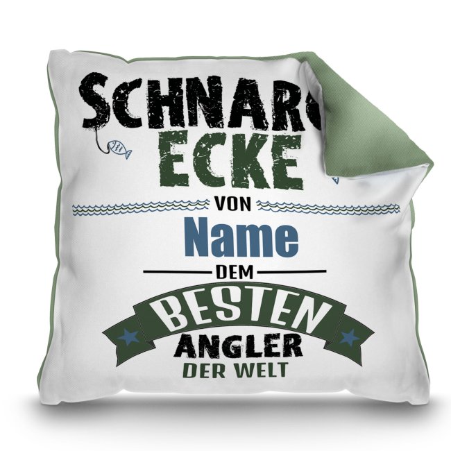 Bild von Kissen - Angler - Schnarch Ecke - mit Name - Rückseite Grün
