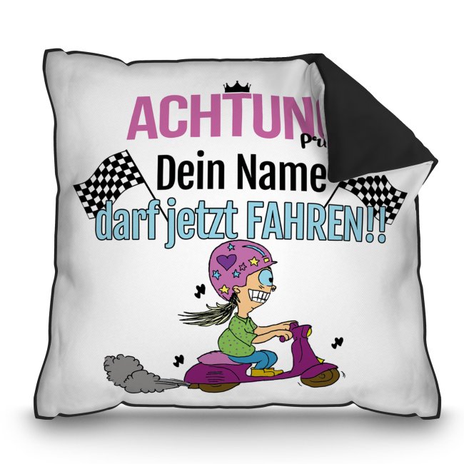 Bild von Witziges Kissen mit Spruch zum bestandenen Führerschein - mit Wunschname - Schwarz