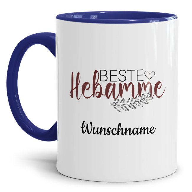 Bild von Tasse - Beste Hebamme - mit Name personalisierbar - Innen & Henkel Dunkelblau