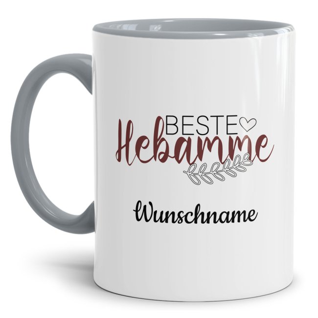 Bild von Tasse - Beste Hebamme - mit Name personalisierbar - Innen & Henkel Grau