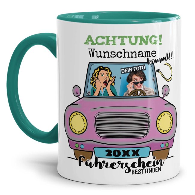 Bild von Tasse - Führerschein bestanden - rosa Auto - mit Foto, Name und Jahr - Innen & Henkel Türkis