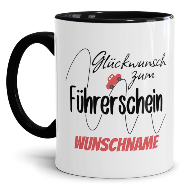 Bild von Tasse - Glückwunsch zum Führerschein - mit Name personalisieren - Innen & Henkel Schwarz