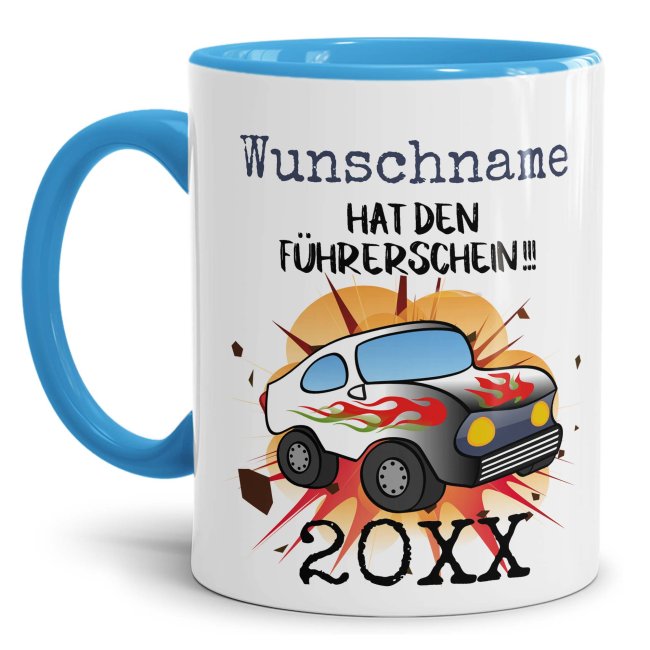 Bild von Tasse - Hat den Führerschein - Name und Jahr personalisierbar - Innen & Henkel Hellblau