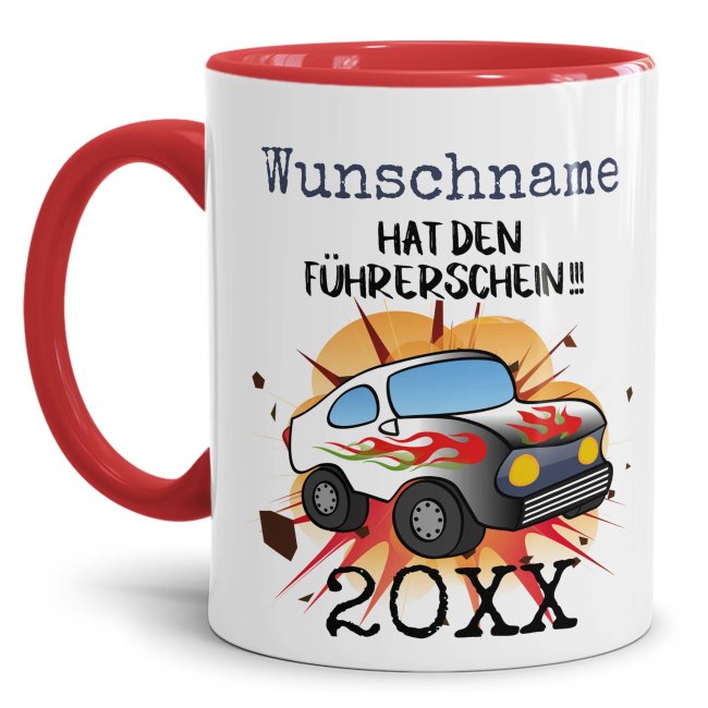 Bild von Tasse - Hat den Führerschein - Name und Jahr personalisierbar - Innen & Henkel Rot