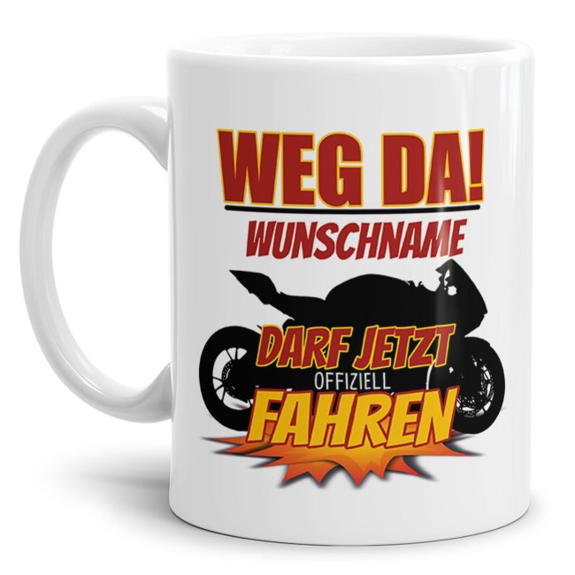 Bild von Tasse - Motorrad Führerschein bestanden - mit Name personalisierbar - Weiß