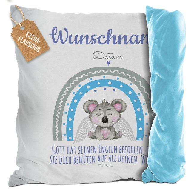 Bild von Kuscheliges Taufkissen Koala - Gott hat befohlen - mit Name und Datum personalisierbar - Hellblau Flauschig