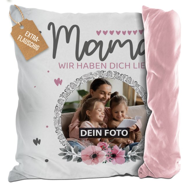 Bild von Kissen für Mama - Wir haben dich lieb - mit Foto personalisierbar - Rosa Flauschig