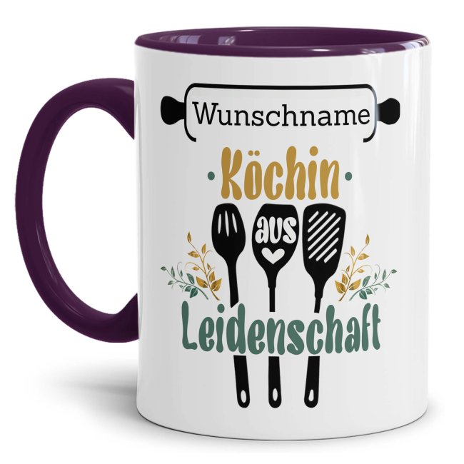 Bild von Tasse - Köchin aus Leidenschaft - mit Name personalisierbar - Innen & Henkel Violett