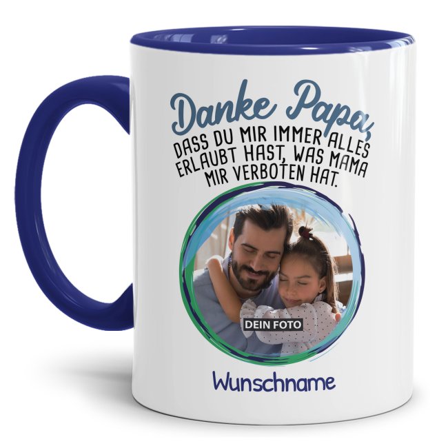 Bild von Tasse - Danke Papa - mit Name & Foto gestalten - Innen & Henkel Dunkelblau
