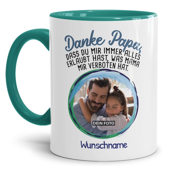 Bild von Tasse - Danke Papa - mit Name & Foto gestalten - Innen & Henkel Türkis