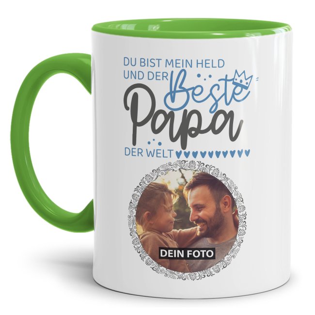 Bild von Tasse für Papa - Mein Held - mit Foto gestalten - Innen & Henkel Hellgrün