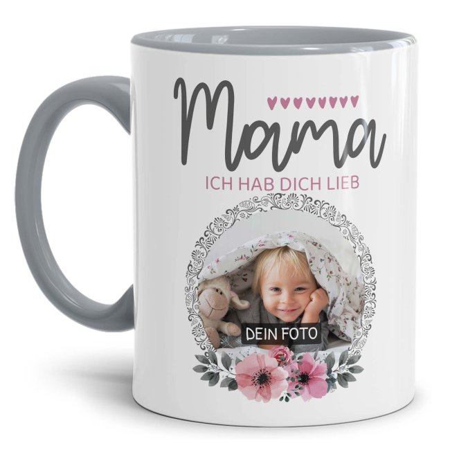 Bild von Tasse für Mama - Ich hab dich lieb - mit Foto gestalten - Innen & Henkel Grau