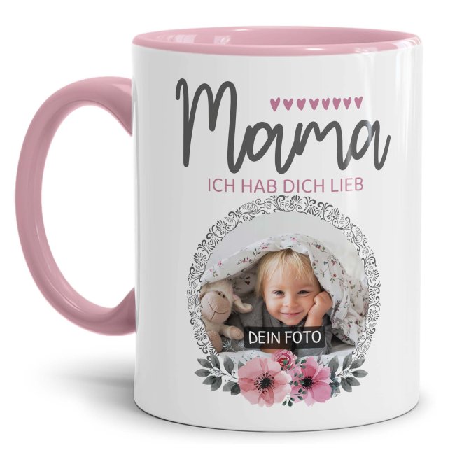 Bild von Tasse für Mama - Ich hab dich lieb - mit Foto gestalten - Innen & Henkel Rosa