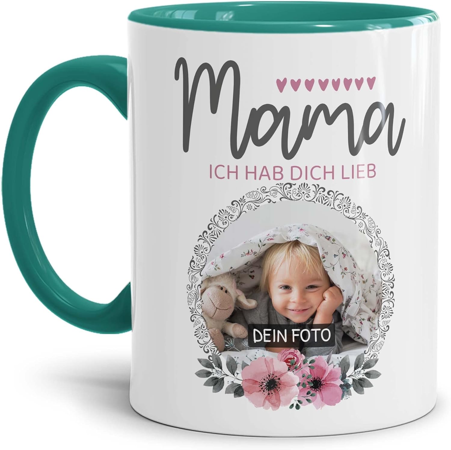 Bild von Tassendruck Tasse für Mama mit Foto Personalisieren - Mama ich Habe Dich lieb - Persönliches Geschenk für Mama, Mutter Geschenkidee | Personalisiertes Geschenk, 300ml, Innen & Henkel Türkis