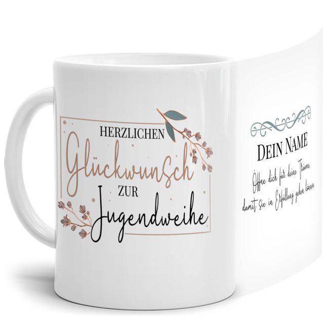 Bild von Tasse zur Jugendweihe - Öffne dich für Träume - mit Name personalisierbar - Weiß