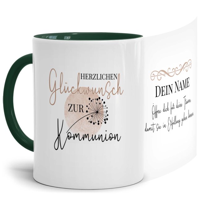 Bild von Tasse zur Kommunion - Pusteblume - Öffne dich für Träume - mit Name personalisierbar - Innen & Henkel Dunkelgrün