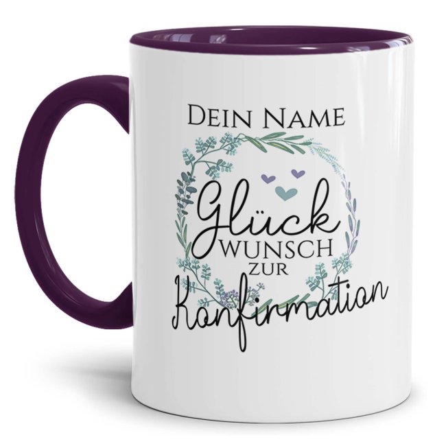 Bild von Tasse zur Konfirmation - Kranz - Glückwunsch - mit Name personalisierbar - Innen & Henkel Violett