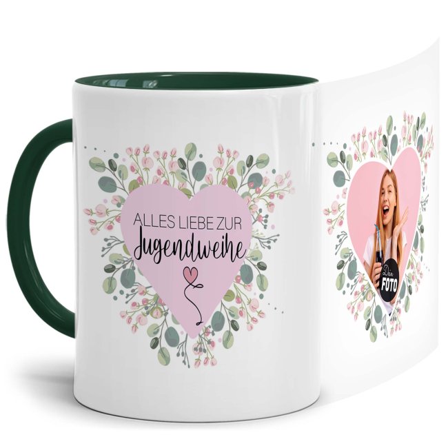 Bild von Tasse zur Jugendweihe - Herzrahmen - Alles Liebe - mit Foto personalisierbar - Innen & Henkel Dunkelgrün