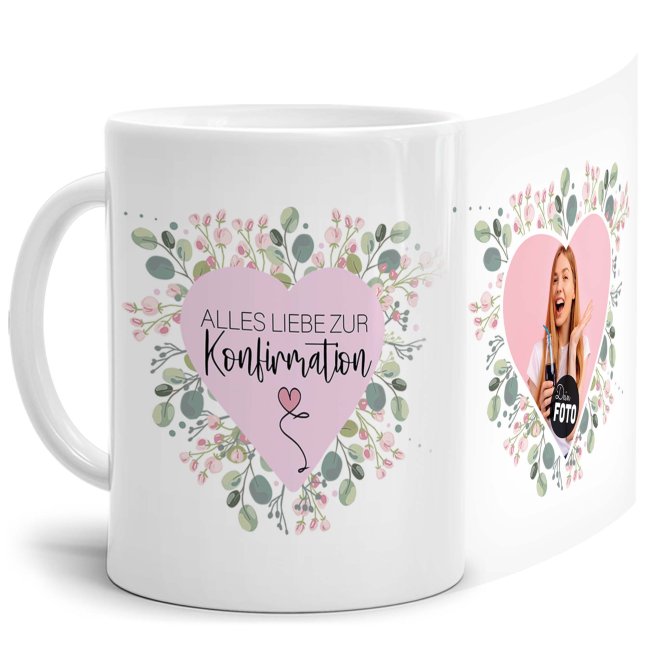 Bild von Tasse zur Konfirmation - Herzrahmen - Alles Liebe - mit Foto personalisierbar - Weiß