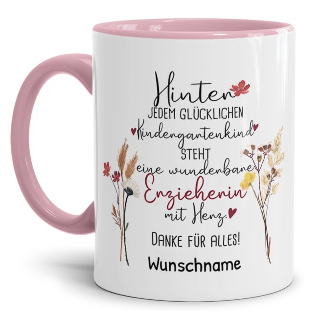 Bild von Tasse für Erzieherin - Hinter jedem Kind - Blumen - mit Name personalisierbar - Rosa