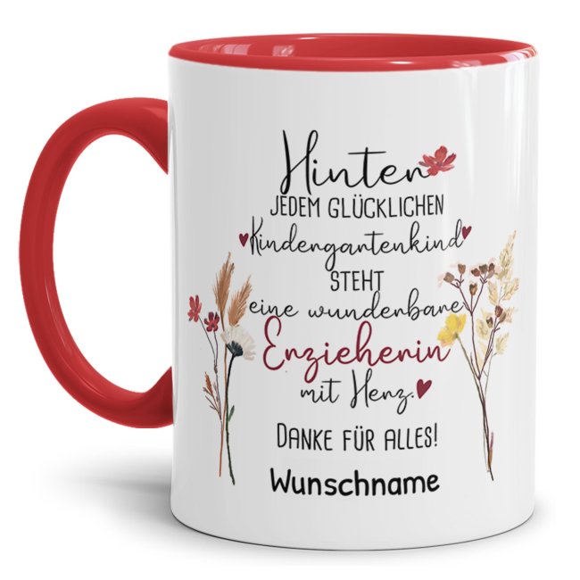 Bild von Tasse für Erzieherin - Hinter jedem Kind - Blumen - mit Name personalisierbar - Rot