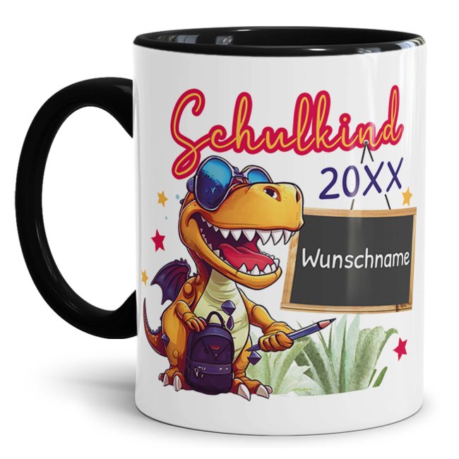 Bild von Tasse zur Einschulung - Dino - Schulkind - mit Jahr und Name personalisierbar - Schwarz