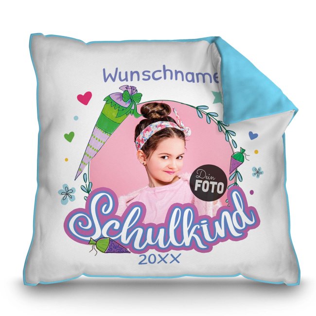 Bild von Fotokissen zur Einschulung - Schulkind rosa Rahmen - mit Foto, Name und Jahr personalisierbar - Hellblau