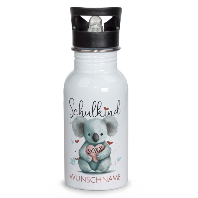 Bild von PR Print Royal Edelstahl Trinkflasche zur Einschulung selbst gestalten - Schulkind mit Name und Jahr personalisiert - Trinkflasche Koala, personalisierte Geschenke zur Einschulung | 500 ml, Weiß