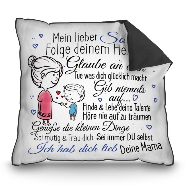 Bild von Kissen für Kinder - Von Mama für den Sohn - Farbkissen Rückseite Schwarz