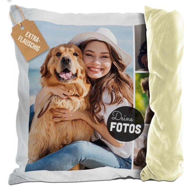 Bild von Kissen mit Fotocollage für 4 Fotos - Rückseite Gelb Flauschig
