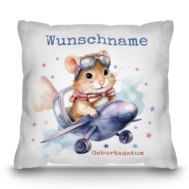 Bild von Personalisierbares Kissen für Kinder - mit Name und Datum - Hamster - Weiß