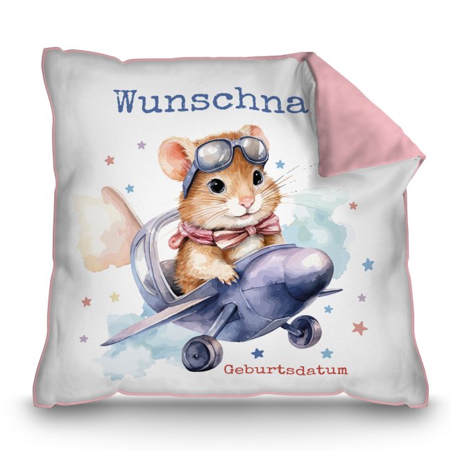 Bild von Personalisierbares Kissen für Kinder - mit Name und Datum - Hamster - Rosa