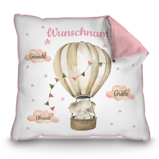 Bild von Kissen zur Geburt für Mädchen - personalisierbar mit Geburtsdaten - Elefant - Rosa