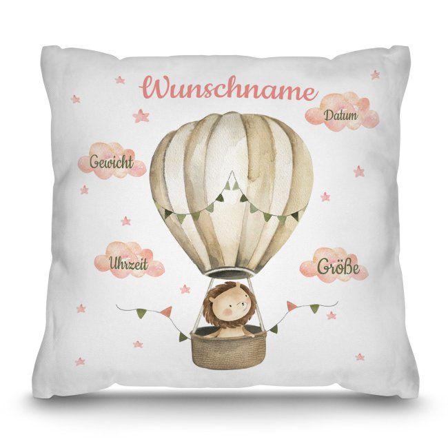 Bild von PR Print Royal Kissen zur Geburt mit Name und Geburtsdaten Personalisieren - Löwe im Heißluftballon - Personalisiertes Geschenk zur Geburt | 40 x 40 cm, Weiß