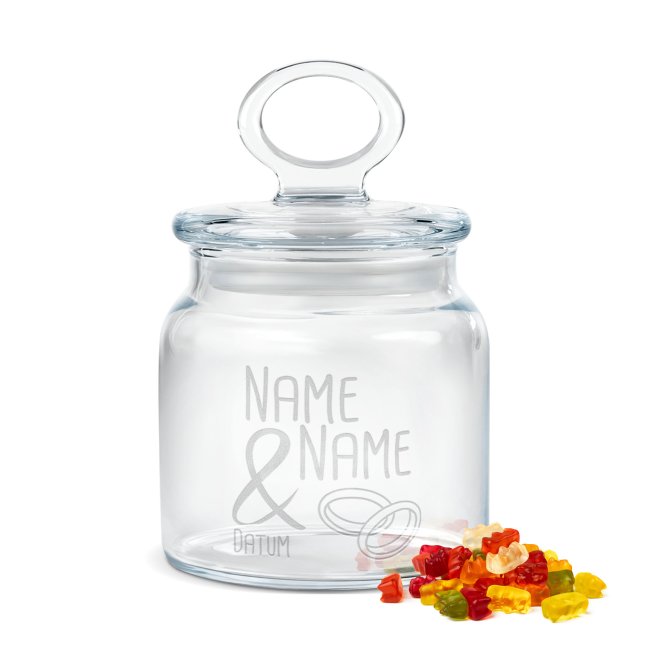 Bild von Vorratsdose aus Glas - Ringe - mit Namen und Datum gravieren - 550 ml