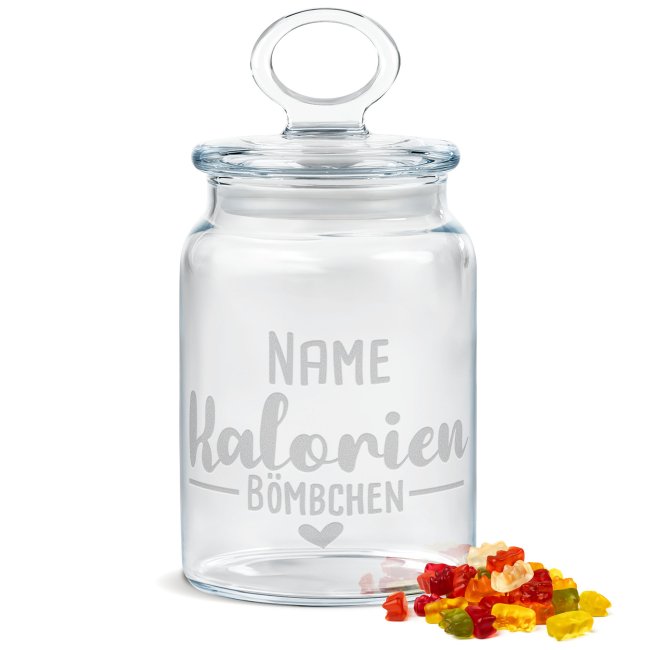 Bild von Vorratsdose aus Glas mit Gravur - Kalorien Bömbchen - mit Name - 800 ml