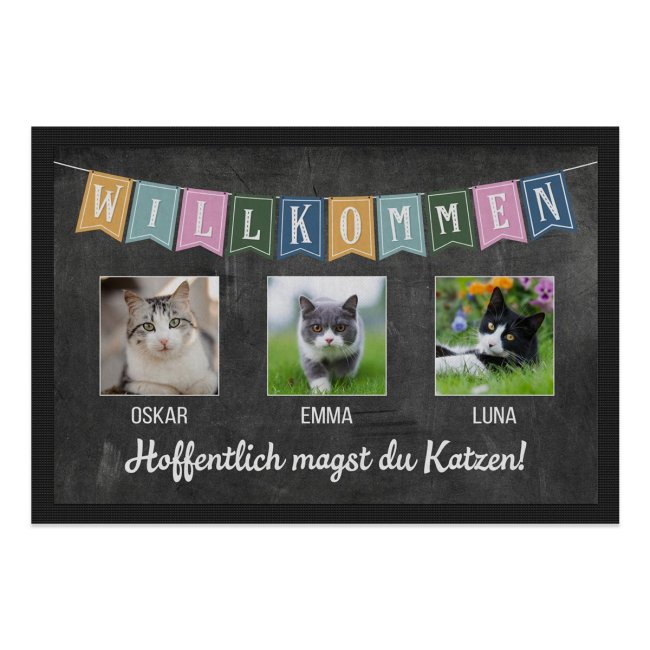 Bild von Fußmatte mit Spruch - Hoffentlich magst du Katzen - mit Fotos und Namen - 75x50cm
