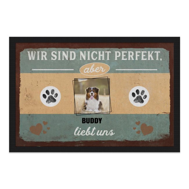 Bild von Fußmatte mit Spruch - Nicht perfekt, aber unser Tier liebt uns - mit Fotos und Namen - 75 x 50 cm