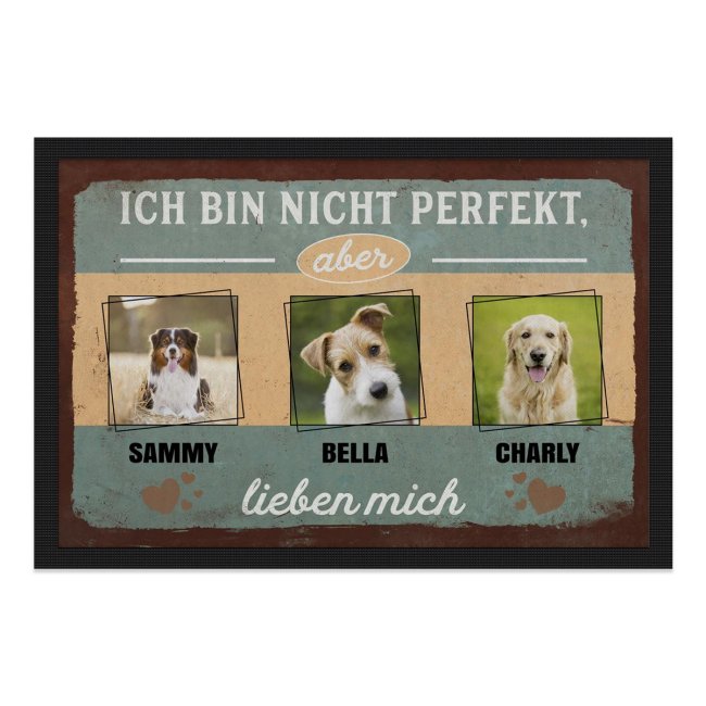 Bild von Fußmatte mit Spruch - Nicht perfekt, aber meine Tiere lieben mich - mit Fotos und Namen - 75 x 50 cm