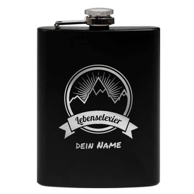 Bild von Personalisierter Flachmann mit Gravur - mit Name - Lebenselixier - 225ml in Schwarz
