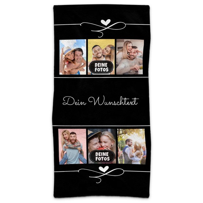 Bild von Handtuch bedrucken - Collage mit 6 Fotos und Text - Hochformat 140 x 70 cm, schwarz