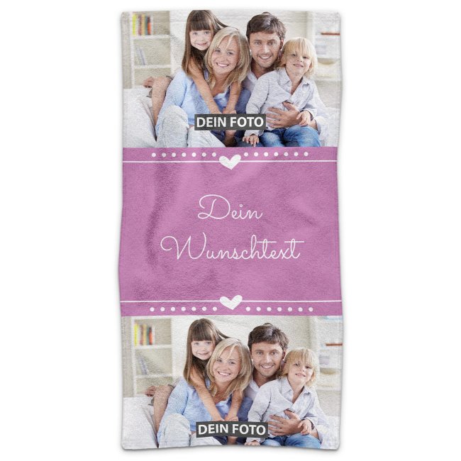 Bild von Handtuch bedrucken - Herz - mit 2 Fotos und Text - Hochformat, 100 x 50 cm, rosa