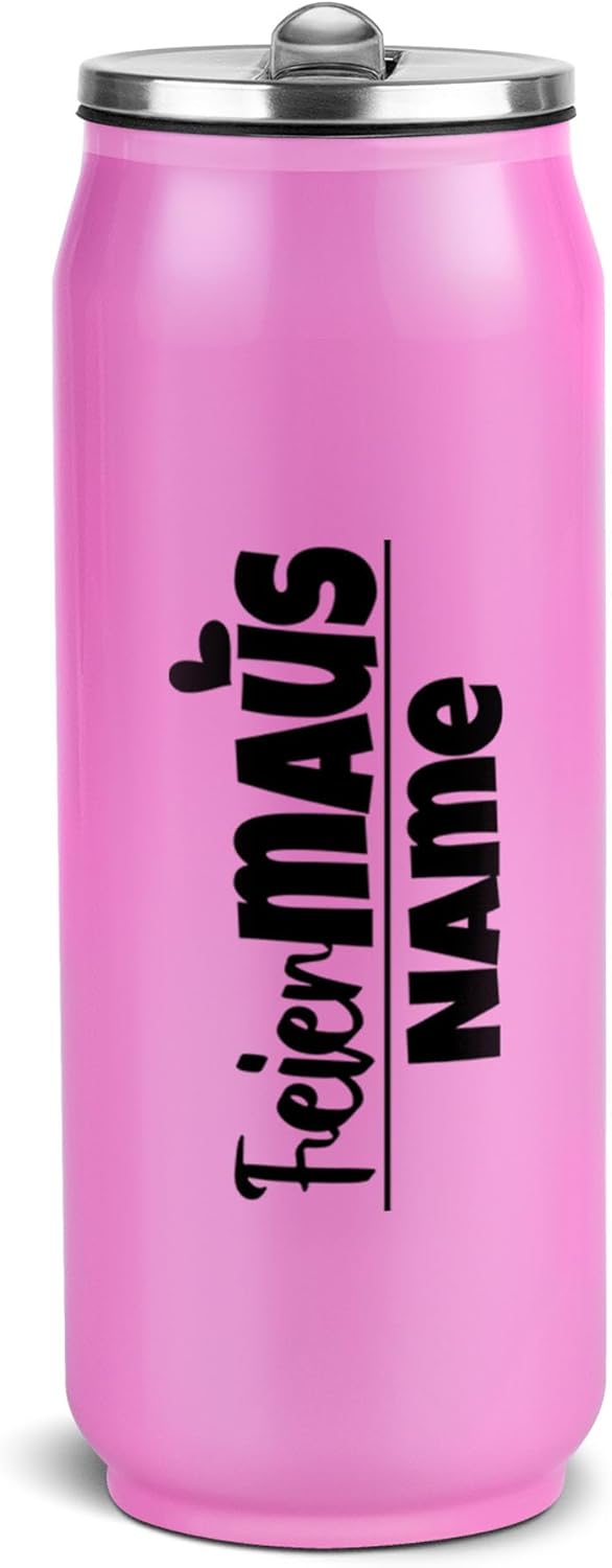 Bild von PR Print Royal Edelstahl-Trinkflasche personalisiert mit Name - Feiermaus - Cola-Dosen-Optik, Geschenk für Freunde | Doppelwandig, Klappbares Mundstück mit Trinkhalm, Pink, ca. 420 ml