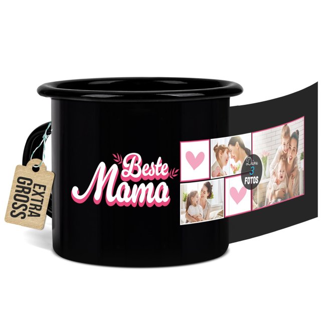 Bild von Emaille-Tasse schwarz - Beste Mama - mit drei Fotos - 480 ml