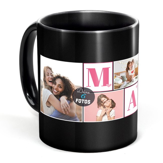 Bild von Schwarze Tasse für Mama - selbst gestalten mit Fotocollage für sechs Fotos
