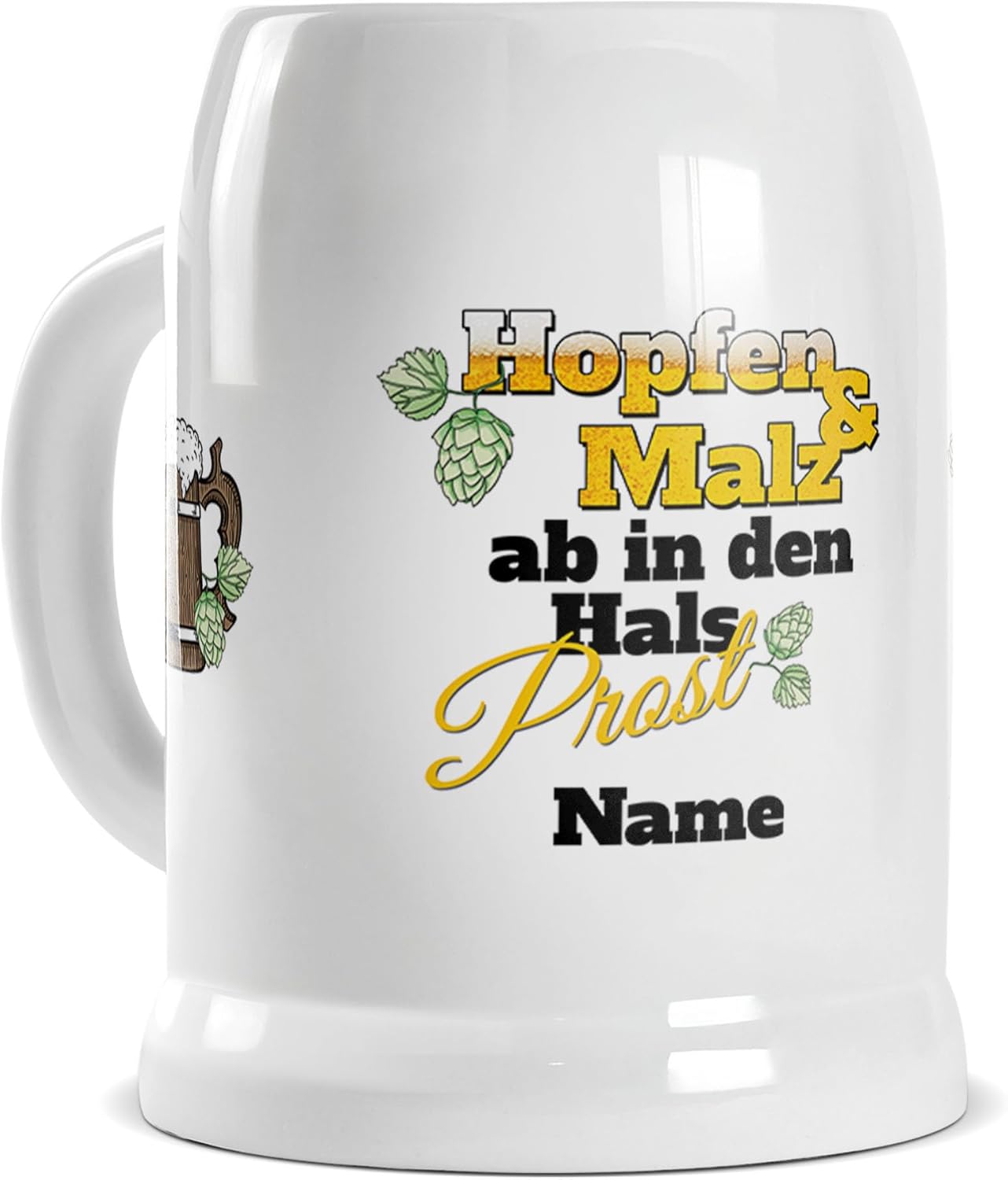 Bild von Tassendruck Bierkrug selbst gestalten mit Name - Hopfen und Malz - Personalisiertes Geschenk für Biertrinker, Bier Geschenke, Bierkrug Bedrucken, Bierliebhaber | Fotogeschenk, 500 ml, Keramik Weiß