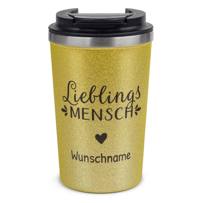 Bild von To Go Edelstahlbecher Glitzer - Lieblingsmensch - mit Name - 350 ml - Gold