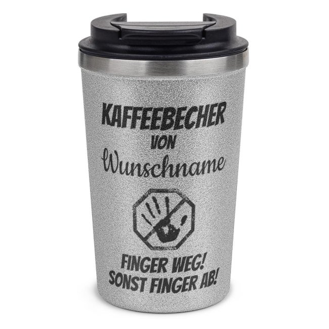 Bild von To Go Edelstahlbecher Glitzer - Finger weg! Sonst Finger ab! - mit Name - 350 ml - Silber