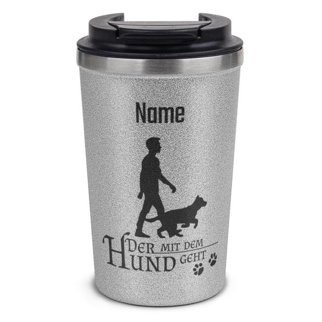Bild von To Go Edelstahlbecher Glitzer - Der mit dem Hund geht - mit Name - 350 ml - Silber