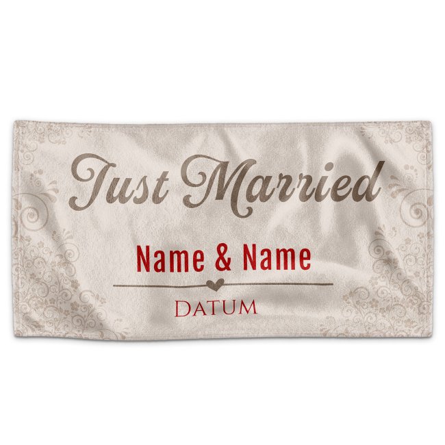 Bild von Handtuch als Hochzeitsgeschenk - Just married - mit Namen und Datum - 140 x 70 cm